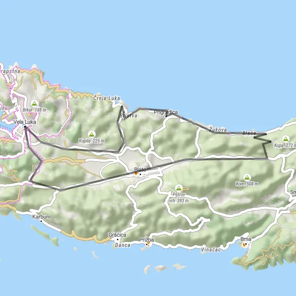 Map miniature of "Vela Luka loop" cycling inspiration in Jadranska Hrvatska, Croatia. Generated by Tarmacs.app cycling route planner
