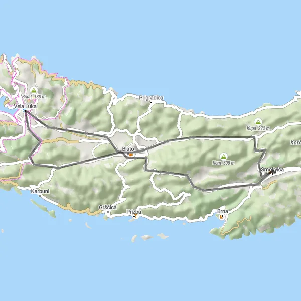 Map miniature of "Vela Luka to Petrov vrh Loop" cycling inspiration in Jadranska Hrvatska, Croatia. Generated by Tarmacs.app cycling route planner