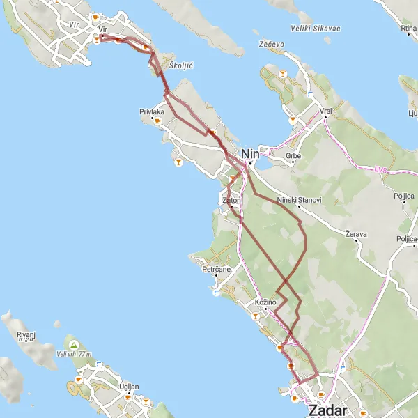 Map miniature of "Zaton and Nin Gravel Cycling" cycling inspiration in Jadranska Hrvatska, Croatia. Generated by Tarmacs.app cycling route planner