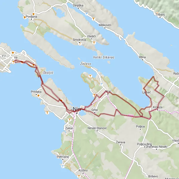 Map miniature of "Ljubač and Škripače Gravel Cycling" cycling inspiration in Jadranska Hrvatska, Croatia. Generated by Tarmacs.app cycling route planner