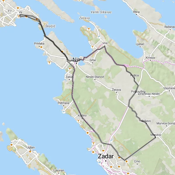 Map miniature of "Nin Round-Trip Cycling" cycling inspiration in Jadranska Hrvatska, Croatia. Generated by Tarmacs.app cycling route planner