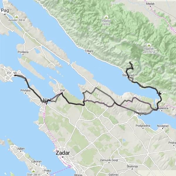 Map miniature of "The Nin Loop" cycling inspiration in Jadranska Hrvatska, Croatia. Generated by Tarmacs.app cycling route planner