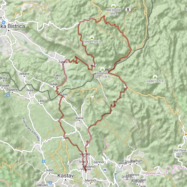 Map miniature of "Charming Valleys and Peaks" cycling inspiration in Jadranska Hrvatska, Croatia. Generated by Tarmacs.app cycling route planner