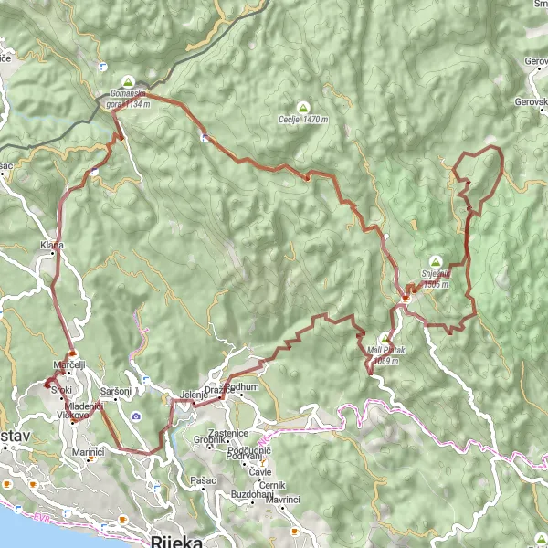 Map miniature of "Gravel Adventure to Snježnik" cycling inspiration in Jadranska Hrvatska, Croatia. Generated by Tarmacs.app cycling route planner