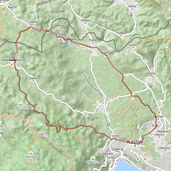 Map miniature of "Gravel Adventure to Pasjak" cycling inspiration in Jadranska Hrvatska, Croatia. Generated by Tarmacs.app cycling route planner