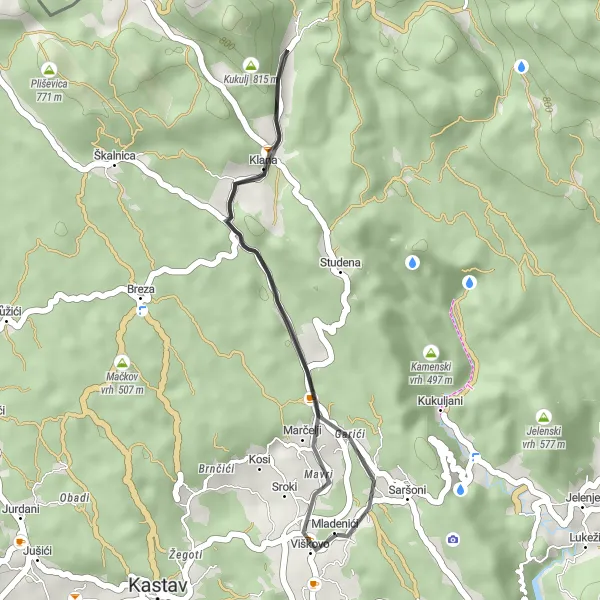 Map miniature of "Scenic Loop Ride" cycling inspiration in Jadranska Hrvatska, Croatia. Generated by Tarmacs.app cycling route planner
