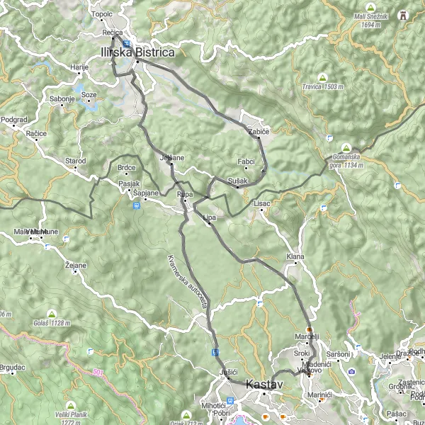 Map miniature of "The Kastav Loop" cycling inspiration in Jadranska Hrvatska, Croatia. Generated by Tarmacs.app cycling route planner