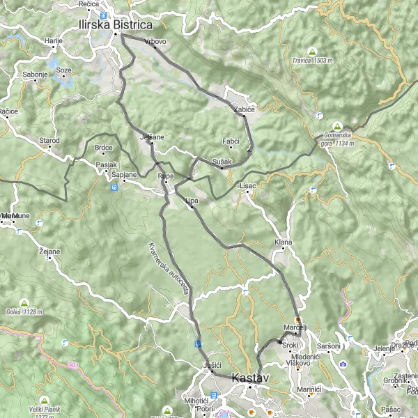 Map miniature of "Panoramic Views of Kastav" cycling inspiration in Jadranska Hrvatska, Croatia. Generated by Tarmacs.app cycling route planner
