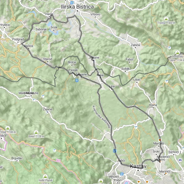 Map miniature of "Kastav and Beyond" cycling inspiration in Jadranska Hrvatska, Croatia. Generated by Tarmacs.app cycling route planner