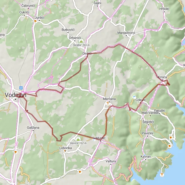 Map miniature of "Vodnjan - Krnjelka - Golo brdo - Muntić - Fujevo brdo - Vodnjan" cycling inspiration in Jadranska Hrvatska, Croatia. Generated by Tarmacs.app cycling route planner