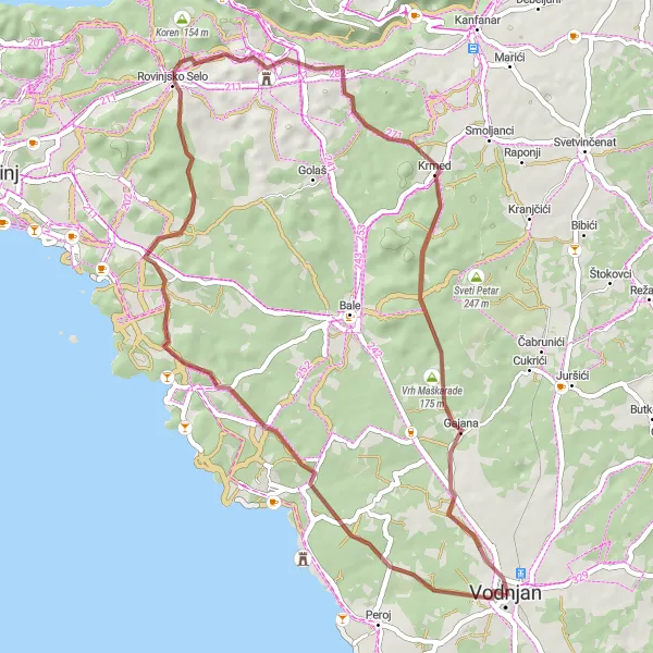 Map miniature of "Vodnjan - Kažuni - 3 Dry Stone Houses - M. Majan - Velebić - Stari Grad - Vodnjan" cycling inspiration in Jadranska Hrvatska, Croatia. Generated by Tarmacs.app cycling route planner