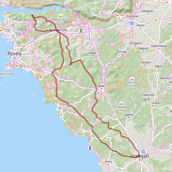 Map miniature of "Vodnjan - Kažuni - 3 Dry Stone Houses - M. Majan - Velebić - Rovinjsko Selo - Dugi vrh - St. Bembo - Vodnjan" cycling inspiration in Jadranska Hrvatska, Croatia. Generated by Tarmacs.app cycling route planner