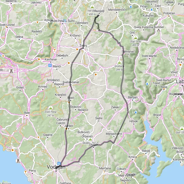 Map miniature of "Vodnjan - Žminj - Sveti Juraj - Gromača - Krnjelka - Vodnjan" cycling inspiration in Jadranska Hrvatska, Croatia. Generated by Tarmacs.app cycling route planner