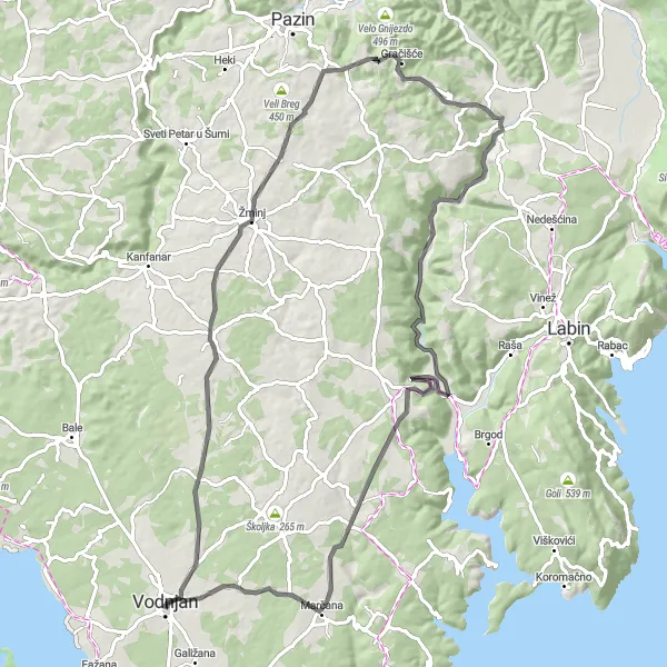 Map miniature of "Vodnjan - Svetvinčenat - Žminj - Sveti Juraj - Gračišće - Most-Raša - Vodnjan" cycling inspiration in Jadranska Hrvatska, Croatia. Generated by Tarmacs.app cycling route planner