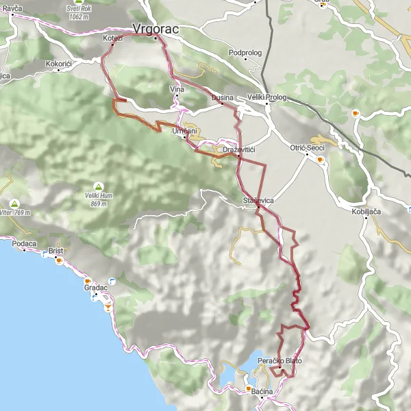 Map miniature of "Gravel Loop from Vrgorac" cycling inspiration in Jadranska Hrvatska, Croatia. Generated by Tarmacs.app cycling route planner