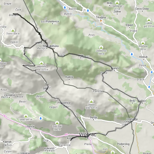 Map miniature of "Climbing the Vrgorac Heights" cycling inspiration in Jadranska Hrvatska, Croatia. Generated by Tarmacs.app cycling route planner