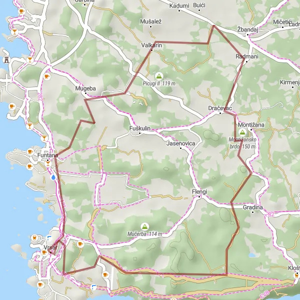 Map miniature of "Lim Bay Gravel Loop" cycling inspiration in Jadranska Hrvatska, Croatia. Generated by Tarmacs.app cycling route planner