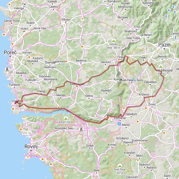 Map miniature of "Gravel Adventure through Istrian Countryside" cycling inspiration in Jadranska Hrvatska, Croatia. Generated by Tarmacs.app cycling route planner