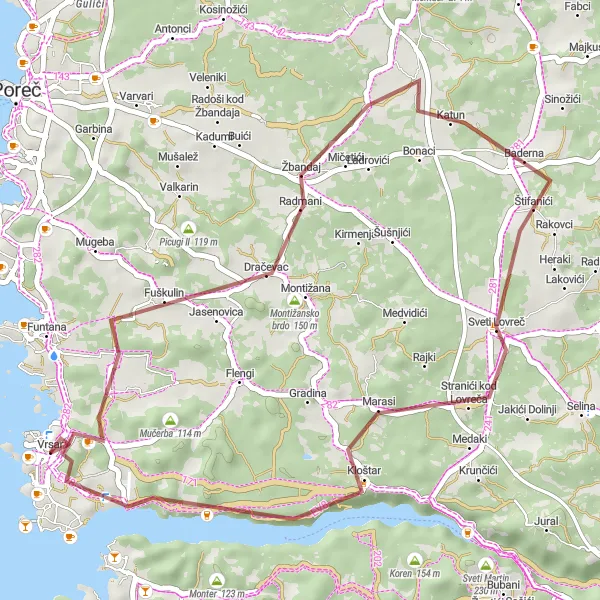 Map miniature of "Lim Bay Exploration" cycling inspiration in Jadranska Hrvatska, Croatia. Generated by Tarmacs.app cycling route planner