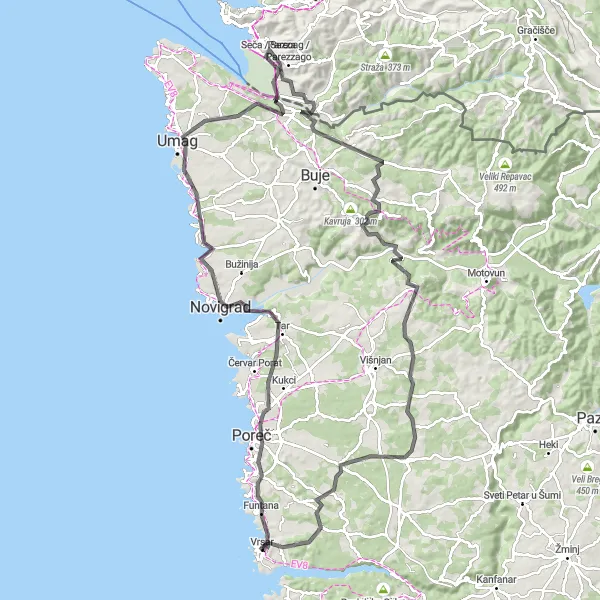 Map miniature of "Exploring Historical Gems: Poreč to Umag" cycling inspiration in Jadranska Hrvatska, Croatia. Generated by Tarmacs.app cycling route planner