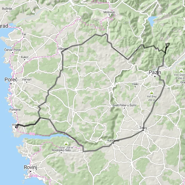 Map miniature of "Ultimate Cycling Challenge: Vrsar to Žminj" cycling inspiration in Jadranska Hrvatska, Croatia. Generated by Tarmacs.app cycling route planner