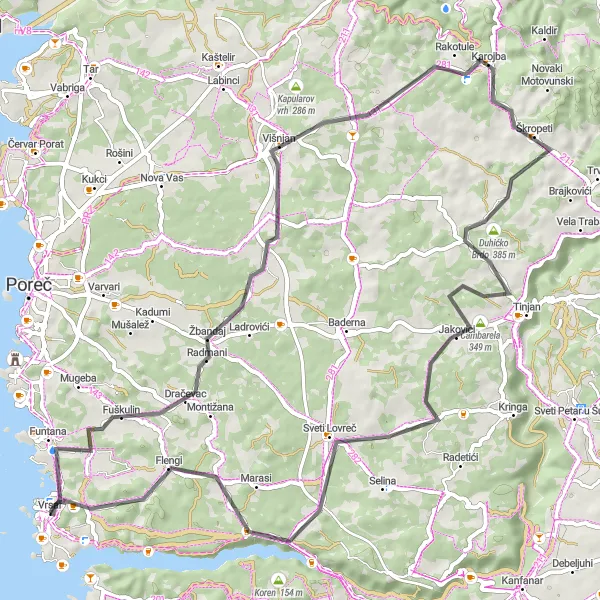 Map miniature of "Istrian Coastal Loop" cycling inspiration in Jadranska Hrvatska, Croatia. Generated by Tarmacs.app cycling route planner