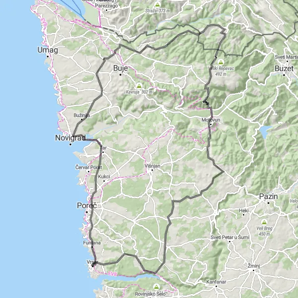Map miniature of "Istrian Panorama" cycling inspiration in Jadranska Hrvatska, Croatia. Generated by Tarmacs.app cycling route planner