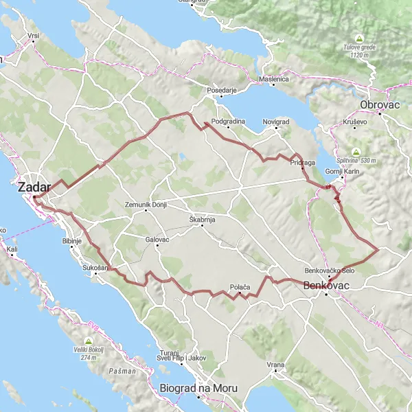 Map miniature of "The Gravel Challenge" cycling inspiration in Jadranska Hrvatska, Croatia. Generated by Tarmacs.app cycling route planner