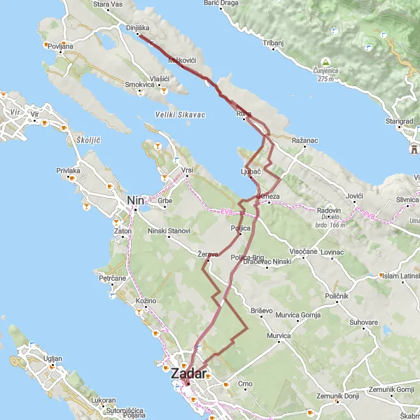 Map miniature of "The Coastal Gravel Adventure" cycling inspiration in Jadranska Hrvatska, Croatia. Generated by Tarmacs.app cycling route planner