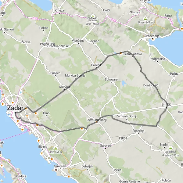 Map miniature of "Countryside Road Tour" cycling inspiration in Jadranska Hrvatska, Croatia. Generated by Tarmacs.app cycling route planner