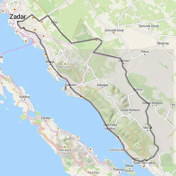 Map miniature of "North to South Loop" cycling inspiration in Jadranska Hrvatska, Croatia. Generated by Tarmacs.app cycling route planner