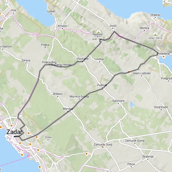 Map miniature of "Road Cycling in Zadar Countryside" cycling inspiration in Jadranska Hrvatska, Croatia. Generated by Tarmacs.app cycling route planner