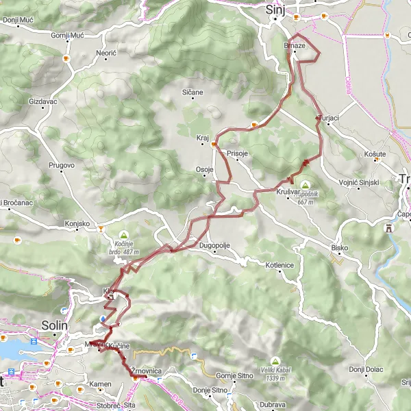 Map miniature of "Gravel Adventure to Mravince" cycling inspiration in Jadranska Hrvatska, Croatia. Generated by Tarmacs.app cycling route planner