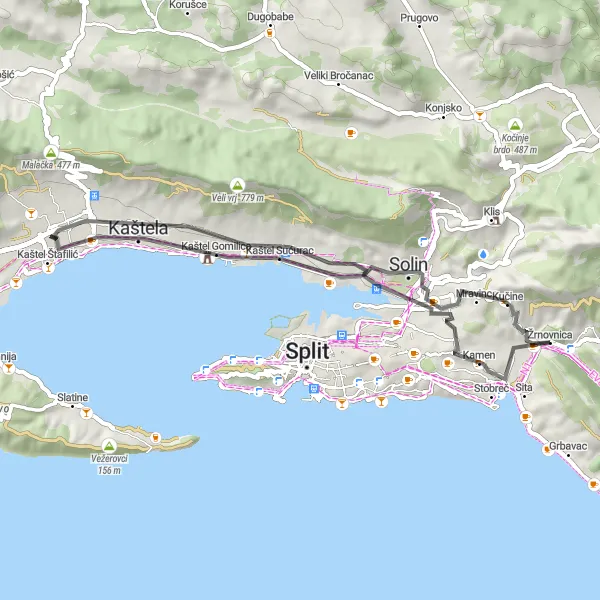 Map miniature of "Kaštela Tour" cycling inspiration in Jadranska Hrvatska, Croatia. Generated by Tarmacs.app cycling route planner