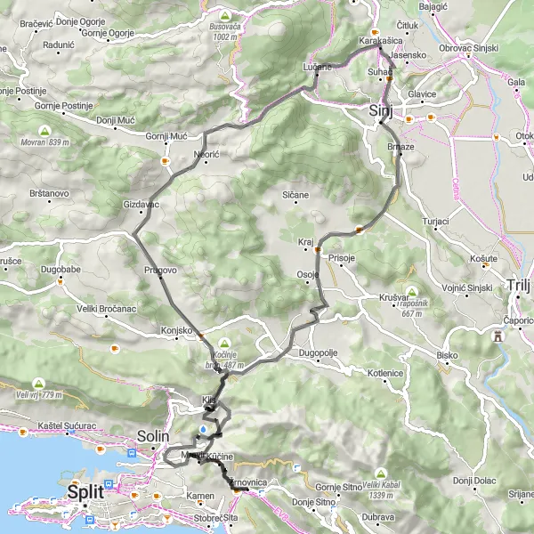 Map miniature of "Kočinje Loop" cycling inspiration in Jadranska Hrvatska, Croatia. Generated by Tarmacs.app cycling route planner