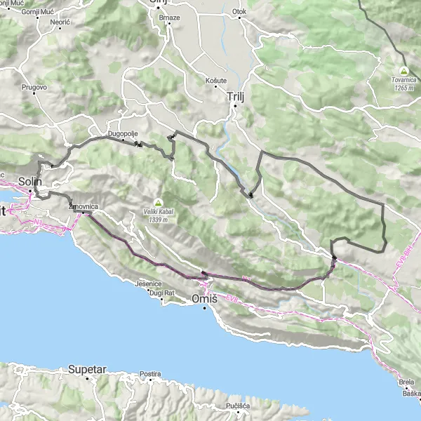 Map miniature of "Sutikva Circuit" cycling inspiration in Jadranska Hrvatska, Croatia. Generated by Tarmacs.app cycling route planner