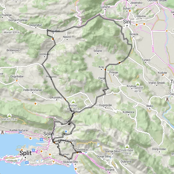 Map miniature of "Žrnovnica to Kučine" cycling inspiration in Jadranska Hrvatska, Croatia. Generated by Tarmacs.app cycling route planner