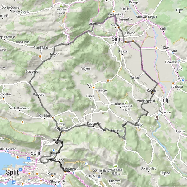Map miniature of "Žrnovnica to Korešnica epic road cycling route" cycling inspiration in Jadranska Hrvatska, Croatia. Generated by Tarmacs.app cycling route planner