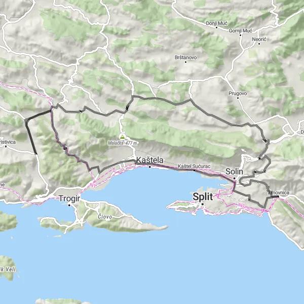 Map miniature of "Žrnovnica to Kaštel Gomilica" cycling inspiration in Jadranska Hrvatska, Croatia. Generated by Tarmacs.app cycling route planner
