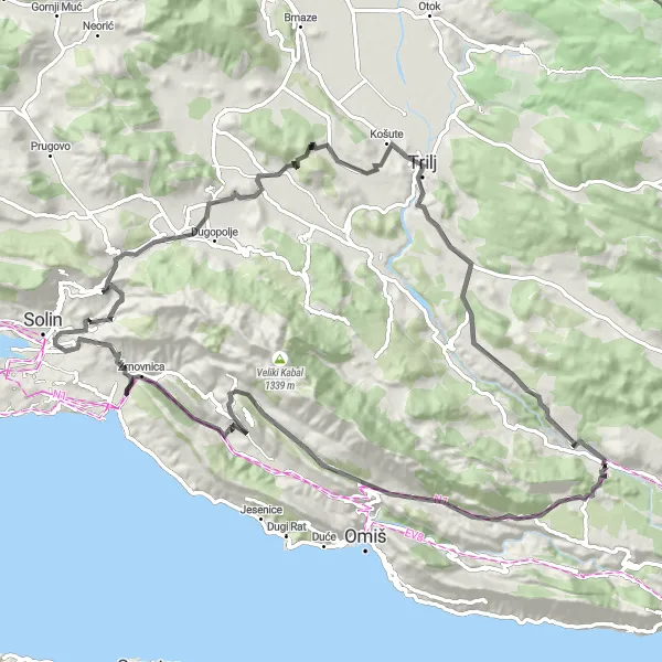Map miniature of "Kučine Loop" cycling inspiration in Jadranska Hrvatska, Croatia. Generated by Tarmacs.app cycling route planner
