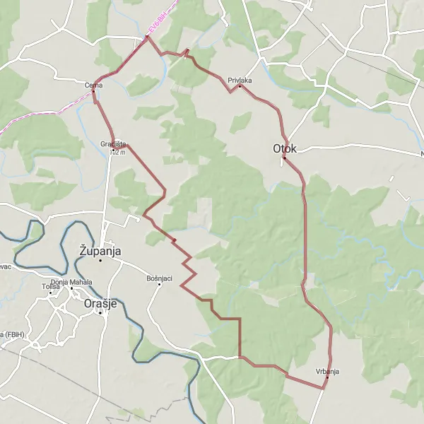 Map miniature of "Gravel Adventure to Gradište" cycling inspiration in Panonska Hrvatska, Croatia. Generated by Tarmacs.app cycling route planner