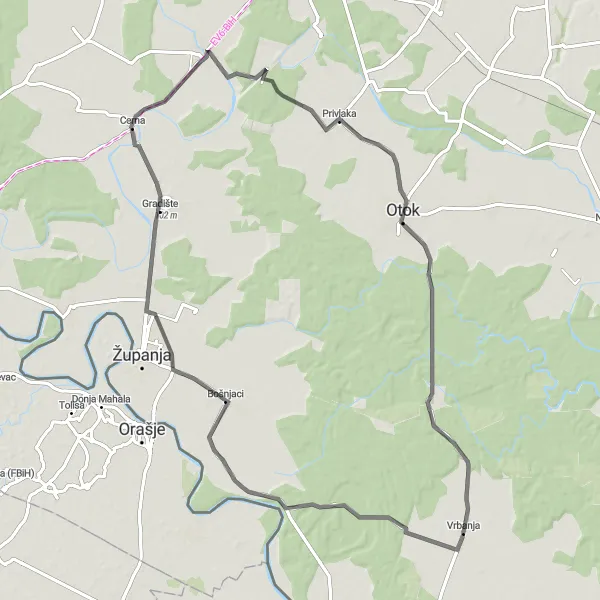 Map miniature of "Exploring Bošnjaci Circuit" cycling inspiration in Panonska Hrvatska, Croatia. Generated by Tarmacs.app cycling route planner