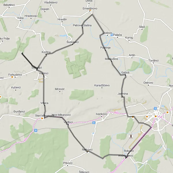 Map miniature of "Scenic Ride to Markušica" cycling inspiration in Panonska Hrvatska, Croatia. Generated by Tarmacs.app cycling route planner