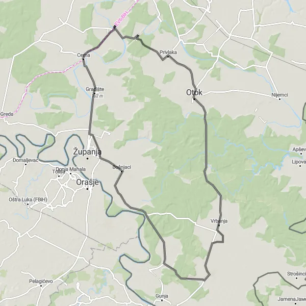Map miniature of "Andrijaševci to Privlaka Loop" cycling inspiration in Panonska Hrvatska, Croatia. Generated by Tarmacs.app cycling route planner