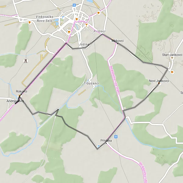 Map miniature of "Rokovci and Novi Jankovci Road Adventure" cycling inspiration in Panonska Hrvatska, Croatia. Generated by Tarmacs.app cycling route planner
