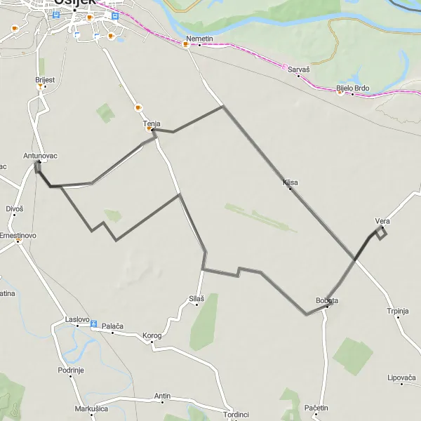 Map miniature of "Tenja Express" cycling inspiration in Panonska Hrvatska, Croatia. Generated by Tarmacs.app cycling route planner