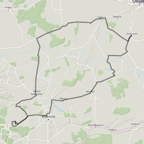 Map miniature of "Antunovac Loop" cycling inspiration in Panonska Hrvatska, Croatia. Generated by Tarmacs.app cycling route planner