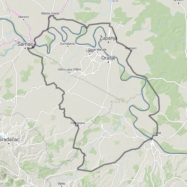 Map miniature of "Blazing Through Baranja" cycling inspiration in Panonska Hrvatska, Croatia. Generated by Tarmacs.app cycling route planner