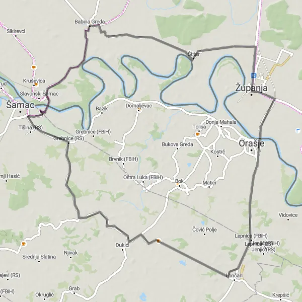 Map miniature of "Riverside Retreat in Slavonia" cycling inspiration in Panonska Hrvatska, Croatia. Generated by Tarmacs.app cycling route planner