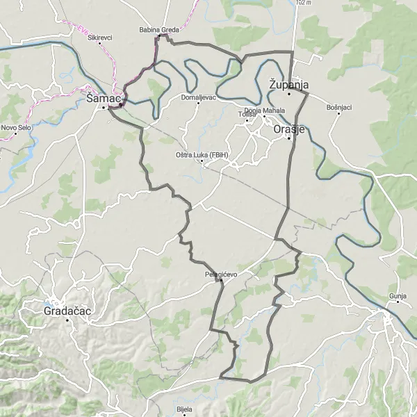 Map miniature of "Croatian Hills" cycling inspiration in Panonska Hrvatska, Croatia. Generated by Tarmacs.app cycling route planner